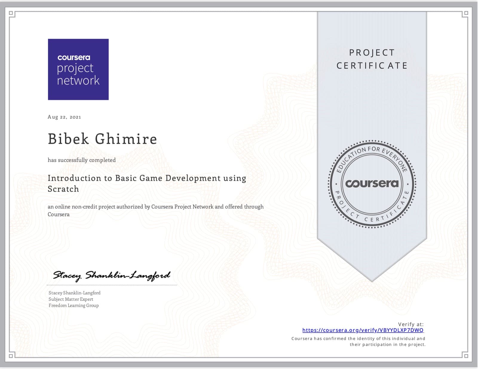 Game Development certificate issued by Coursera