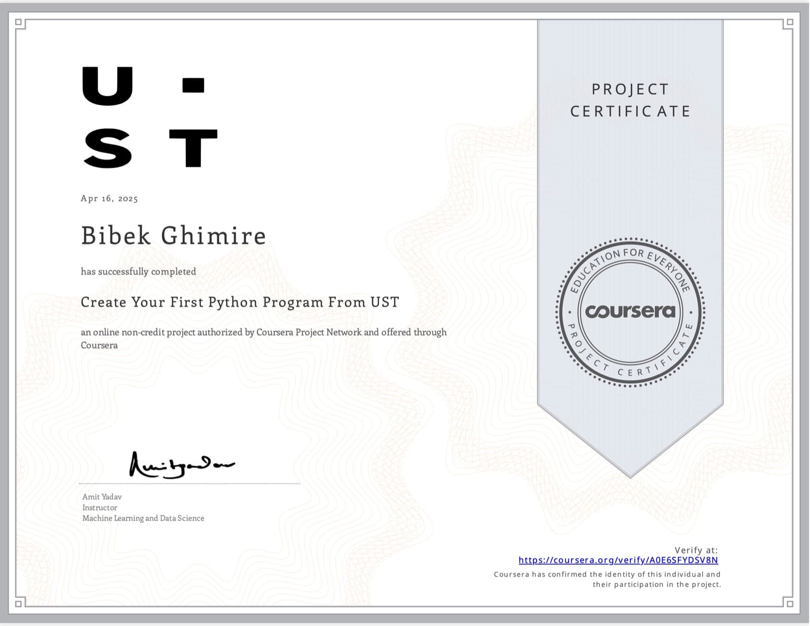 Python Development certificate issued by Coursera